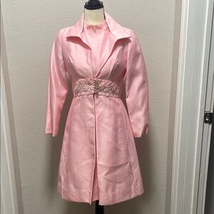 1960s Bubblegum Pink Daisy Floral Embroidered Mod Dress & Jacket Two Piece Set